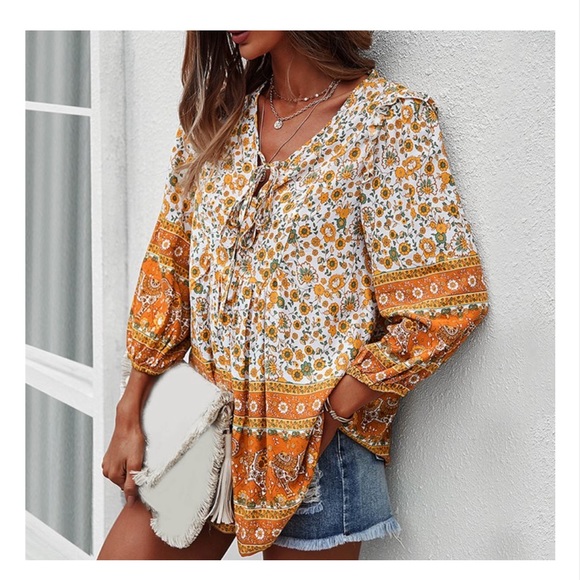 NWT Casual Boho V Neck Top Loose Floral Print Long Sleeve Beach Shirt El… - Picture 3 of 9